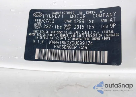 2013 Hyundai Genesis 2.0T z USA, uszkodzony, nr VIN KMHHT6KDXDU099174